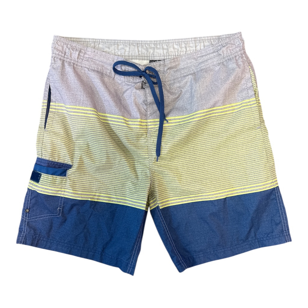Men's Swim Shorts, Color Block Design with Stripes, Navy Blue and Yellow, Size L